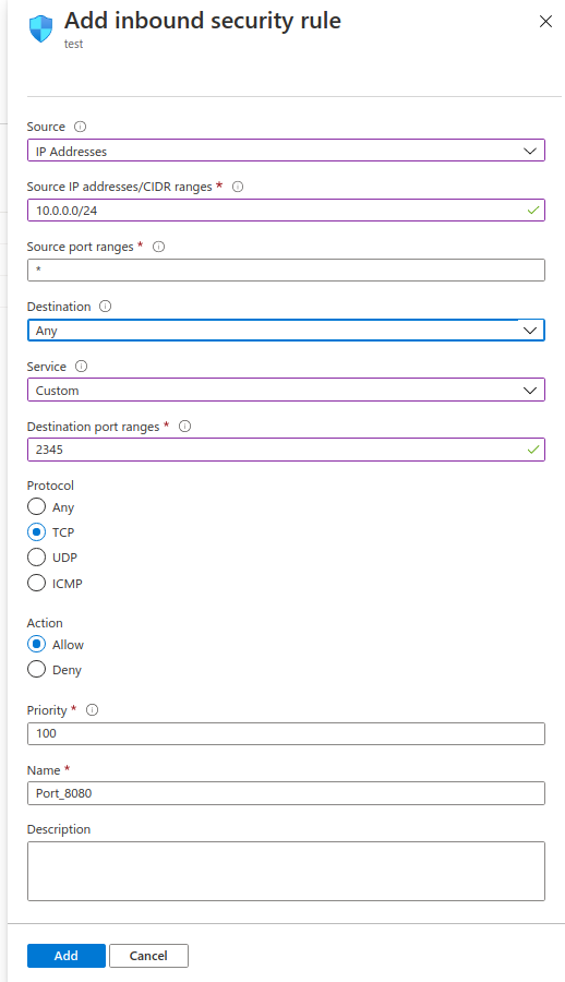 Add an inbound security rules