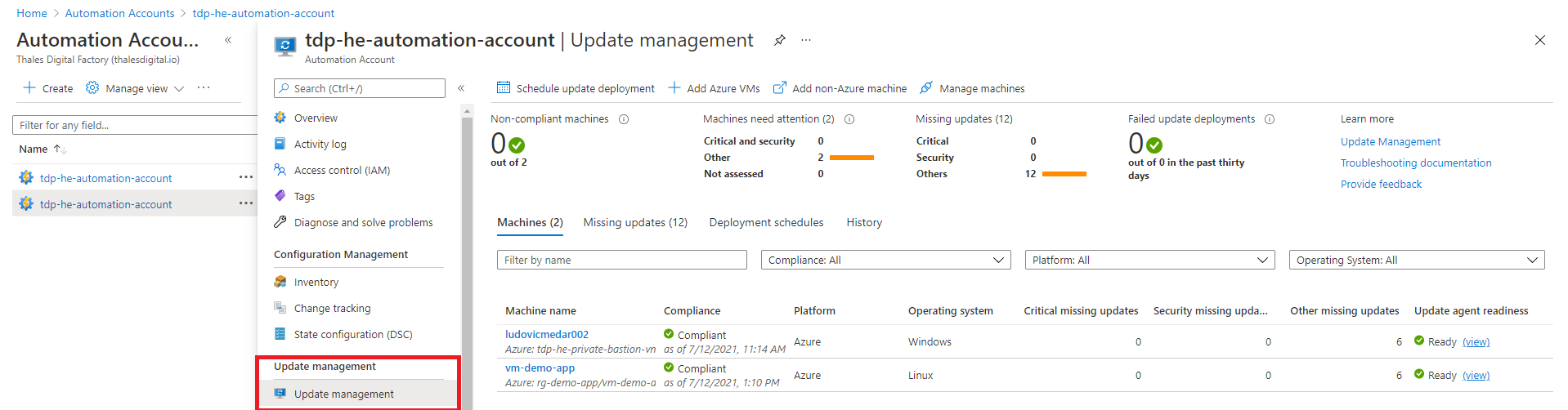 Update management interface